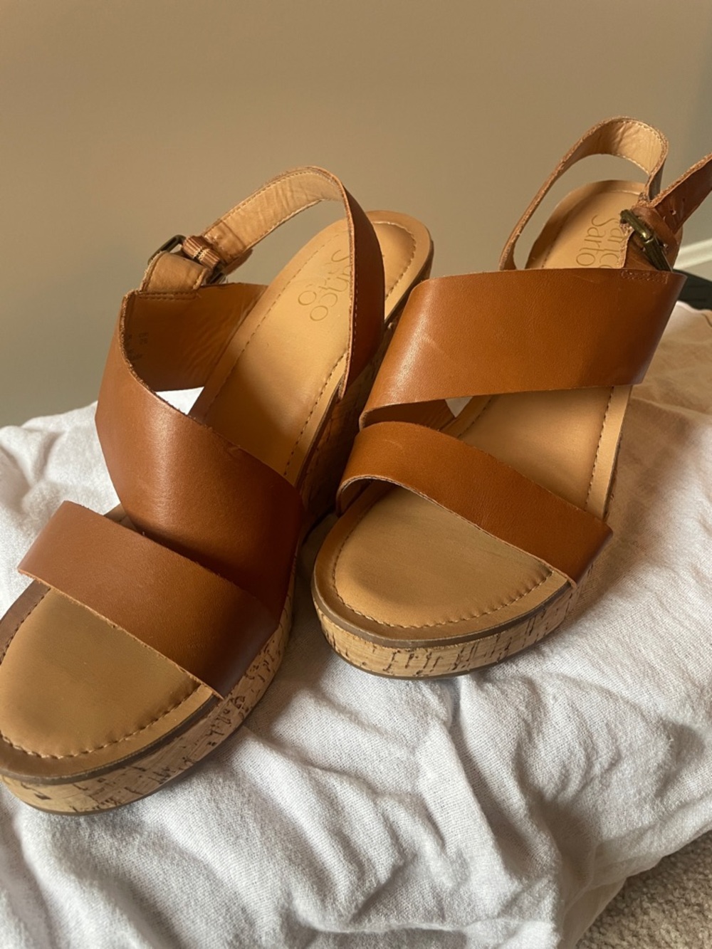 Franco Sarto Cognac Leather Cork Wedge Sandals
